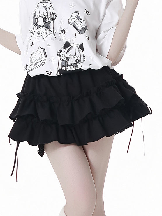 ブラック/チェック柄 ゴムウエスト ティアードスカート 裏地付き ブルマー