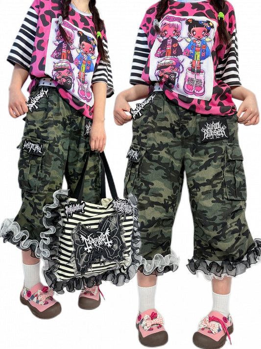 with Cargo Flounce Y2K Cuffs Capris Camouflage Denim