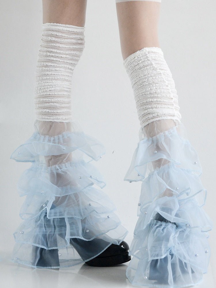 with White/Blue/Pink Ruffled Decorations Leg Warmers Multi-Layered Bead Lace