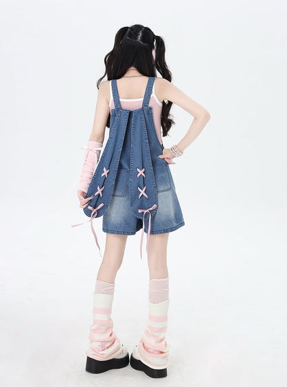 Blue Adorable Lace-up Back Bunny Ears Design Denim Overall Shorts
