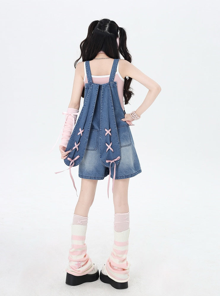 Blue Denim Overall Shorts Bunny Ears Design Back Adorable Lace-up
