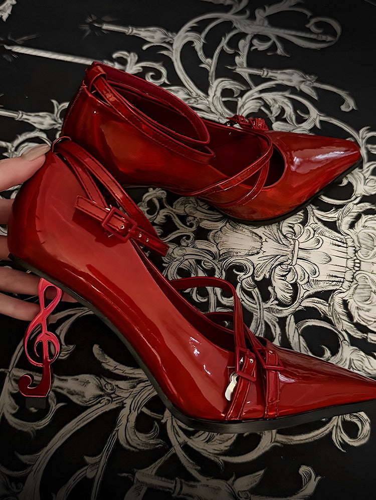 Gothic Pointed Shoes Note Music with Toe Style 8cm Design Red Heel