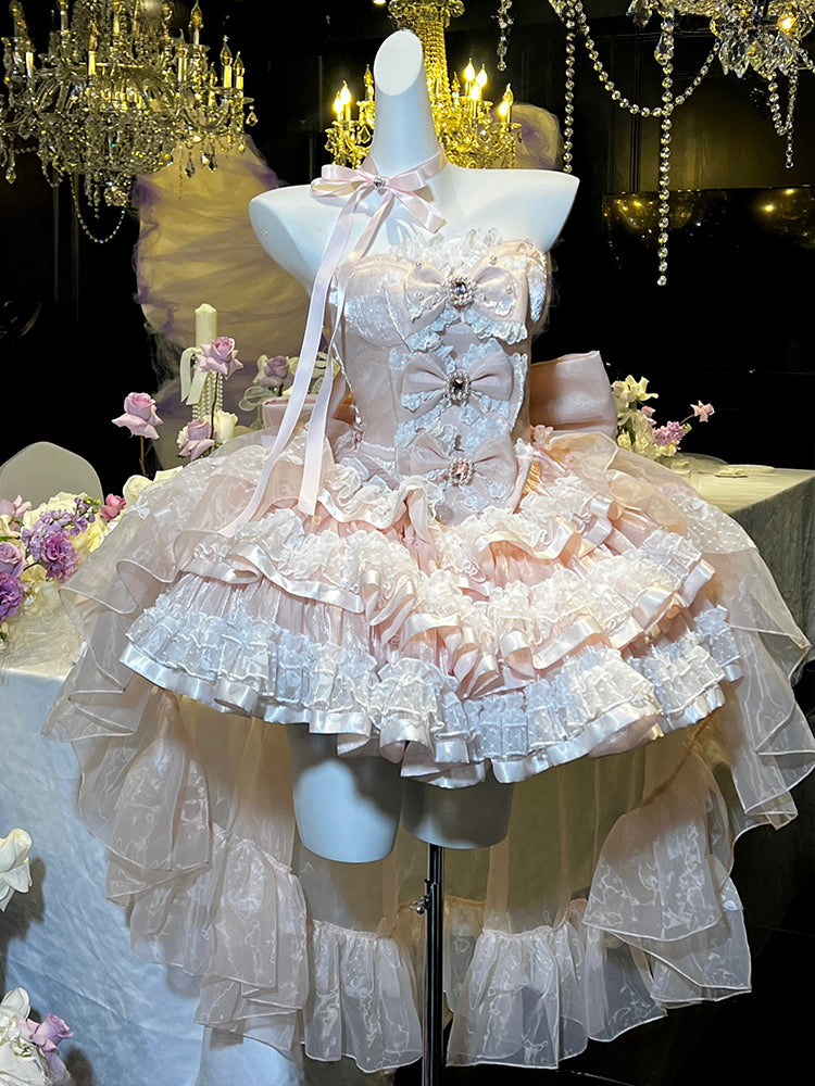 Pink Bows Decorated Bodice Sweet Layered Skirt Princess Birthday Strapless Dress