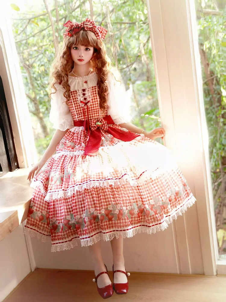 Strawberry Print Red Lolita Picnic Gingham Dress Sweet Lolita Jumper Skirt
