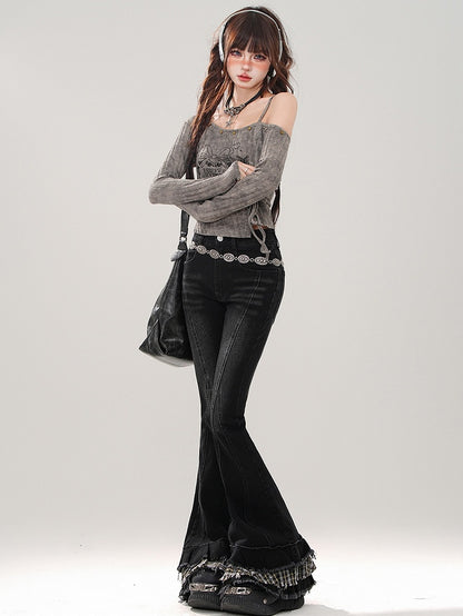 Fischschwanz-Patchwork-Karierte schwarze Bündchenjeans