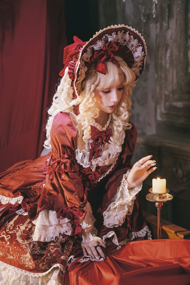 Sleeves Embroidery Dress Bell Candle Red Velvet and Candlestick