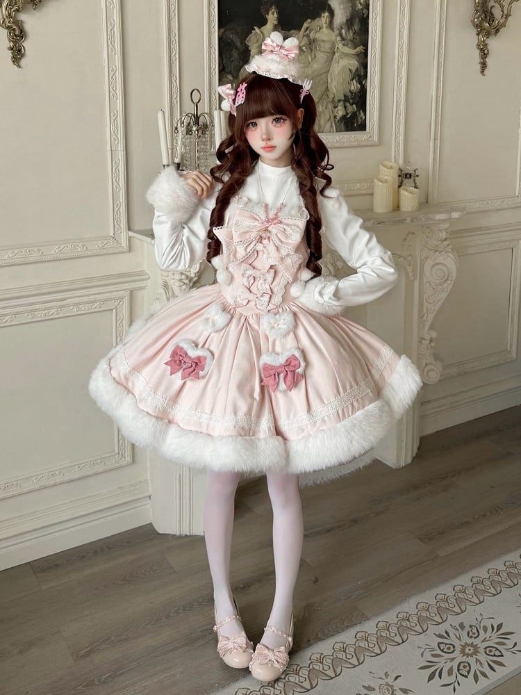 Sleeves Long Two-pieces Sweet OP Winter with Cuffs Dress Hemline Plush Fake Pink Lolita and