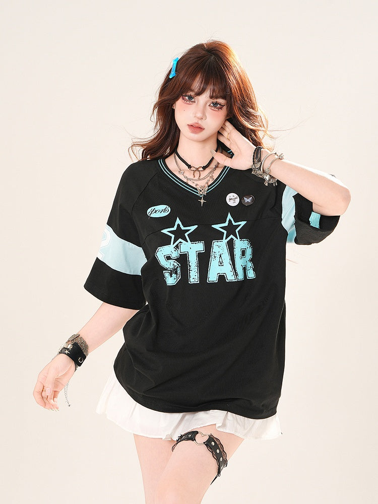 ブラック/ホワイト Vネック レタープリント ブロケット コア Tシャツ