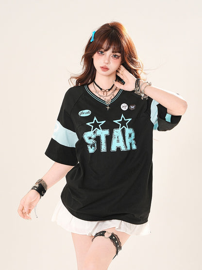 ブラック/ホワイト Vネック レタープリント ブロケット コア Tシャツ