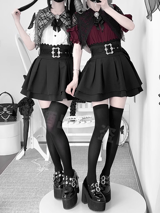Black Elastic Waist Lace Skirt with Buckle Belt Trim