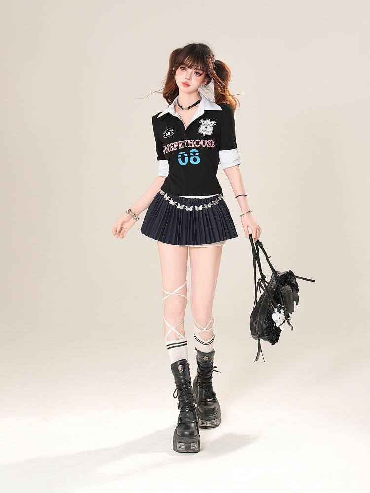 Polo T-Shirt: Numbers Lettering Black Graphic Print Collar with