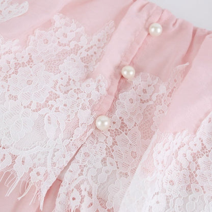 Pink Square Neck Flutter Sleeve Lace Dress - serendipity