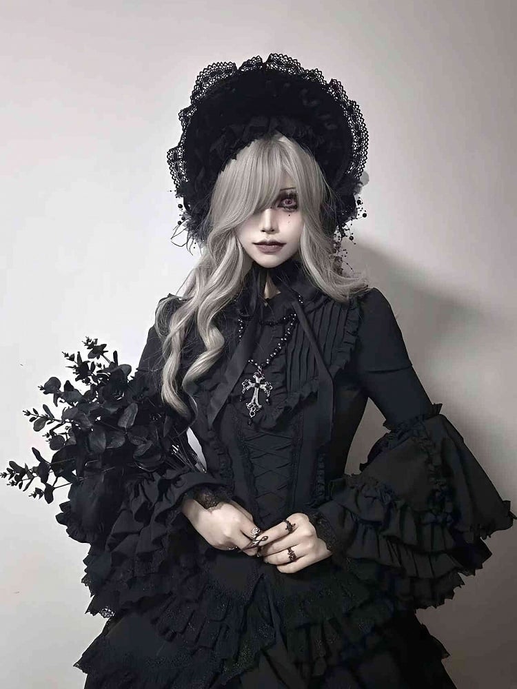 Black Lolita Shirt Sleeves Layered Gorgeous Bell All Long Gothic Kuro