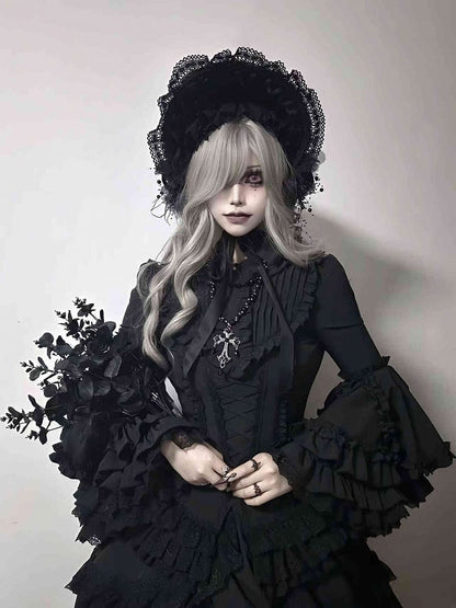 Black Lolita Shirt Sleeves Layered Gorgeous Bell All Long Gothic Kuro