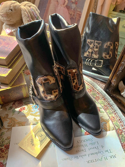 Toe Pointed Mid-Heel Leopard Black Letter - Patches Boots Print