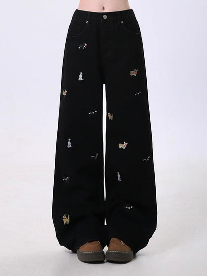 Embroidered Design Black/Blue Straight-Leg Jeans Dog