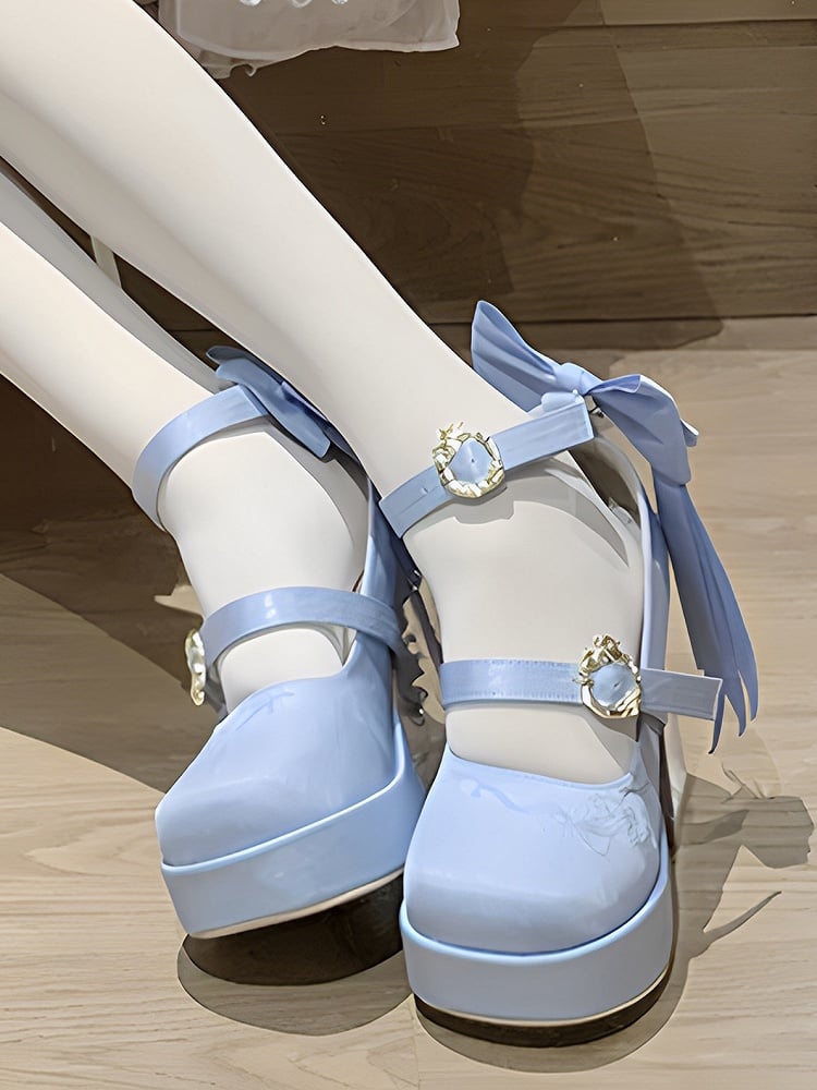 Satin Blue Platform High-Heel Mary Janes with Goldfish Charm - Floating Dream Realm
