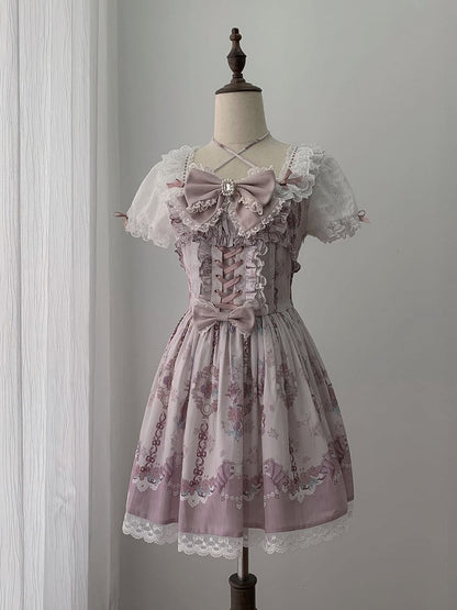 Floral Square Neck Short Sleeve Dress with Lace & Bow Details - Ekomi