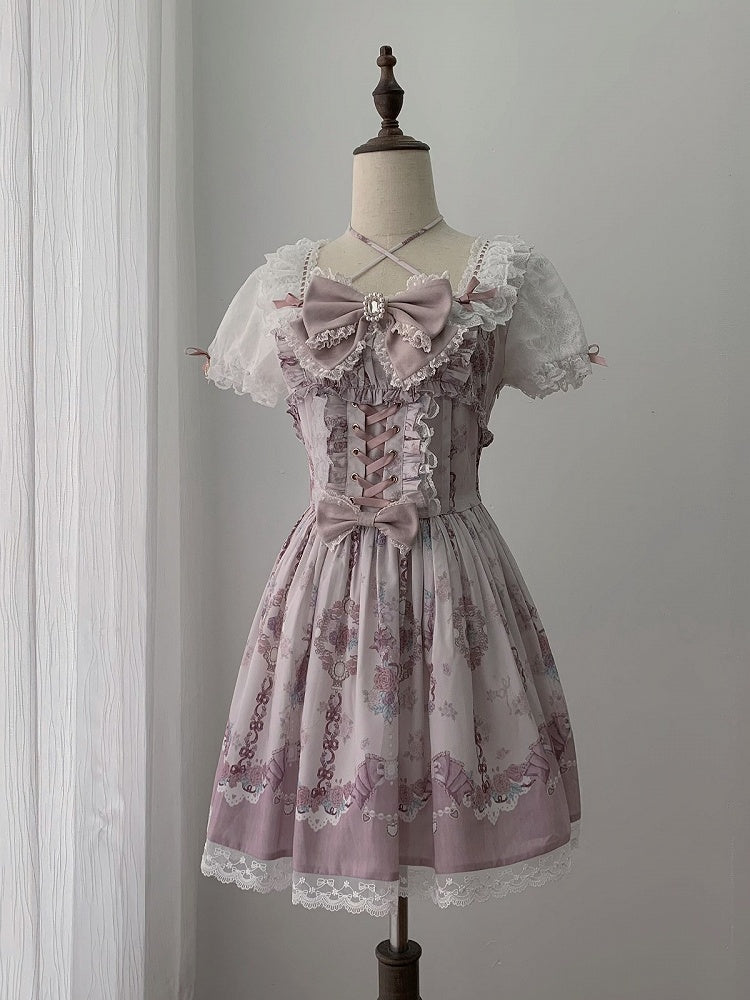 Ryousangata Floral Wall Print Pink Square Neck Short Sleeve Dress with Lace and Bow Details - Ekomi