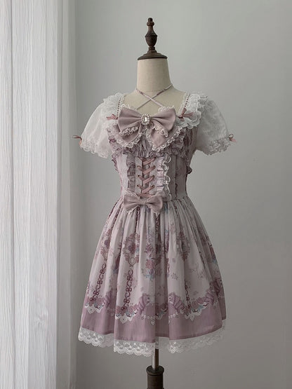 Ryousangata Floral Wall Print Pink Square Neck Short Sleeve Dress with Lace and Bow Details - Ekomi
