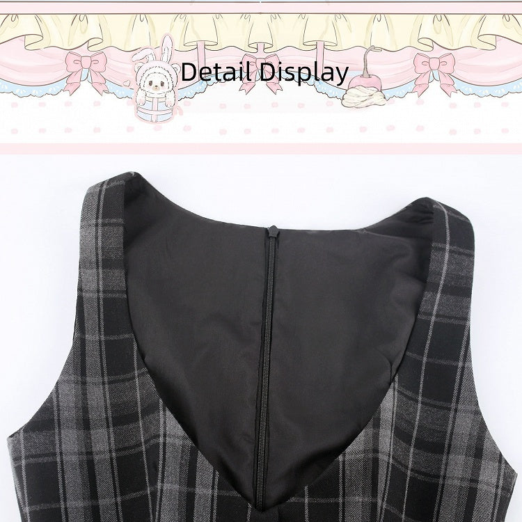 Preppy Black Plaid Faux Two-Piece Pinafore Dress - serendipity