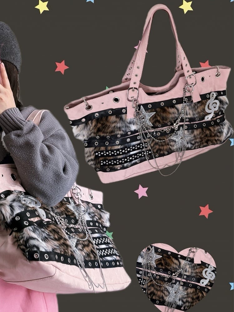 Pink Plush Y2K Tote with Star & Music Notes - Black Cherry Sauce