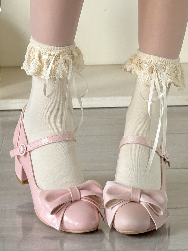 Pink Classic Lolita Shoes in PU Leather with Mid-heel Design, Bow Accents & Round Closure