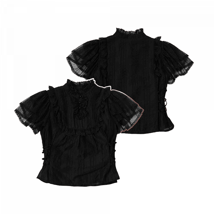 ブラックのレースアップサイドウエストバタフライスリーブブラウス