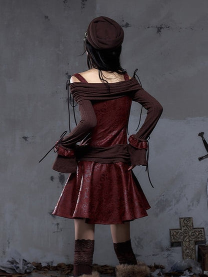 Dress Sleeves Vintage PU Red Brown Punk A-Line Bell Off-Shoulder with Design Knit