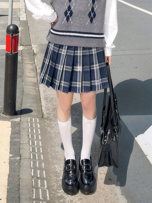 Stil 42CM/45CM/48CM/56CM/65CM JK Uniform Faltenrock Navy Blau Plaid Preppy