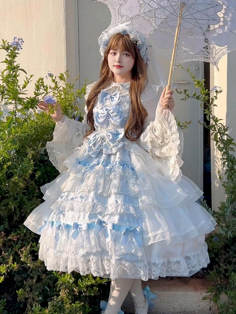 Schleifen und Rock Dekoration Kleid Vollstufiges Set Hanayome Blau Weiß Lolita JSK Hime