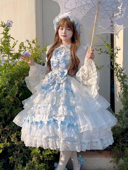 Schleifen und Rock Dekoration Kleid Vollstufiges Set Hanayome Blau Weiß Lolita JSK Hime