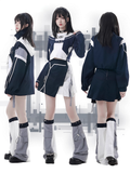 Blue and White Colorblock Shoulder Cutouts Techwear Long Sleeve Top with