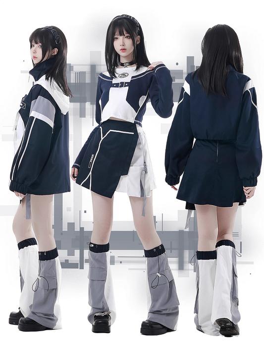 Blue and White Colorblock Shoulder Cutouts Techwear Long Sleeve Top with