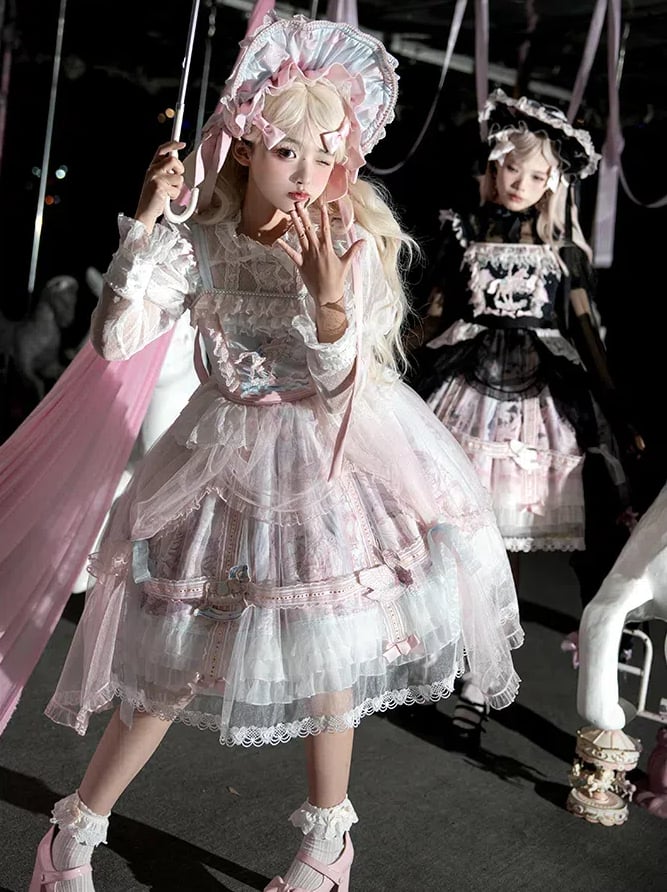 ピンクとブルーのカーテンチュールオーバーレイフライングホーススカートロリータジャンパースカート