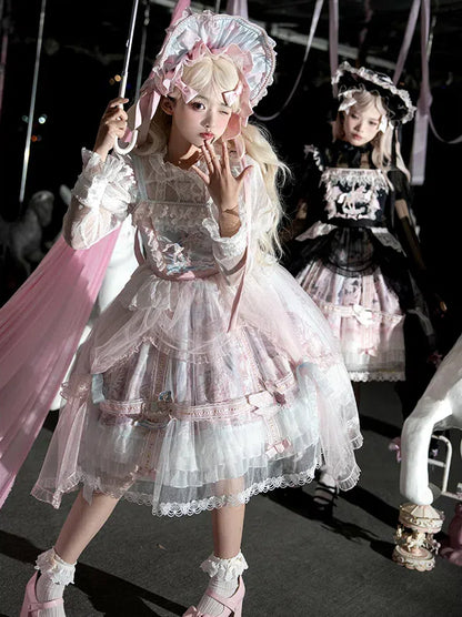 ピンクとブルーのカーテンチュールオーバーレイフライングホースプリントスカートロリータジャンパースカート