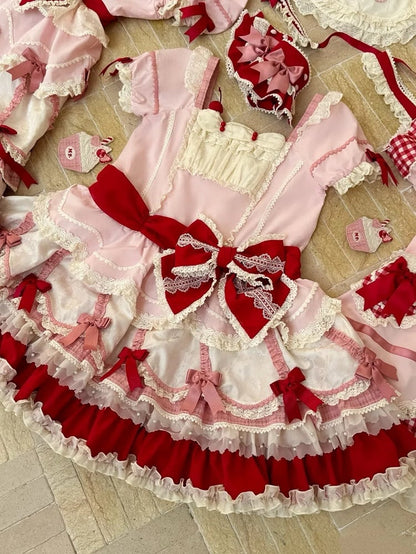 and Bowknot Red Dress Lolita Sweet Pink Hem Dropped Layered Waist Details