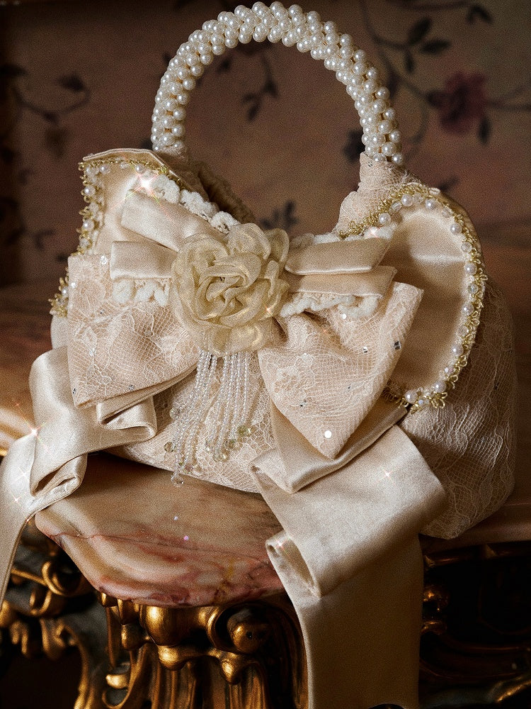 Cream Accent Satin with Bow Pearl Handbag Elegant Handle