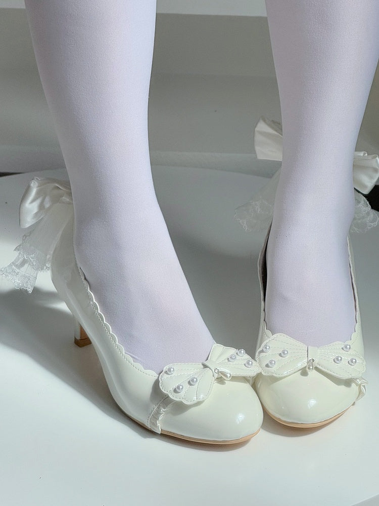 White Lolita Beads with Mid-Heel Bow - Scalloped Shoes Shell Elegant Inspired Details Edge