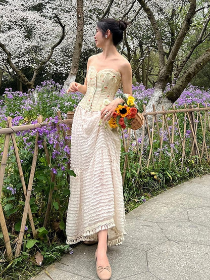 Aprikosenfarbenes Bustier-Korsett-Oberteil aus Baumwolle mit Blumenmuster und Stäbchen