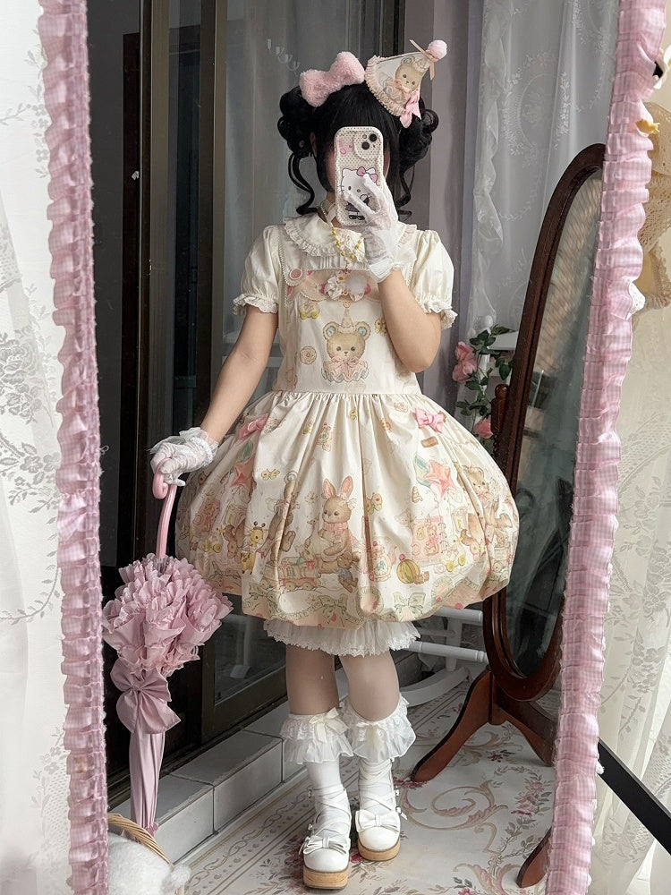 Print Overall Lolita Bubble Doll Sweet and Teddy Puppy Dress