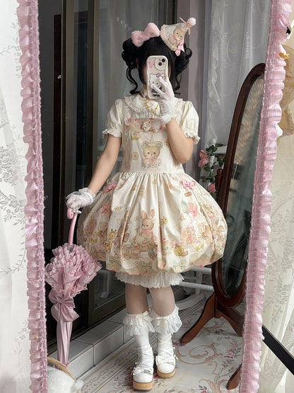 Print Overall Lolita Bubble Doll Sweet and Teddy Puppy Dress