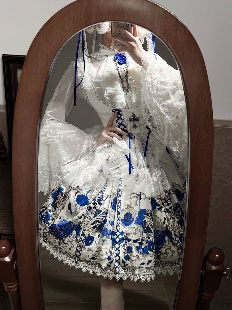 JSK Underbust Tête de Mort Bleue & Blanche avec Toile d'Araignée - Douce Chanson d'Amour