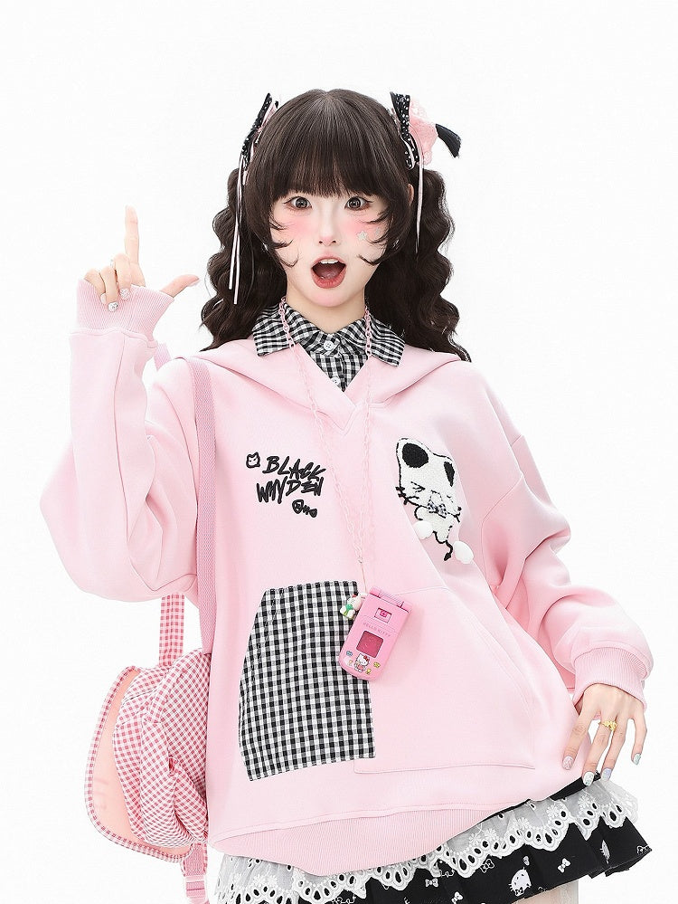 Daily Kawaii Pink/Black/White with Pattern Two-piece Plaid in Hoodie