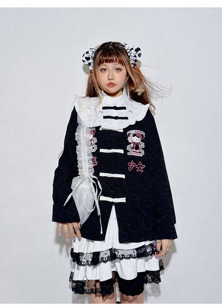 Schwarz/Blaues Jirai Kei-Oberteil mit langen Ärmeln und Kitty-Stehkragen