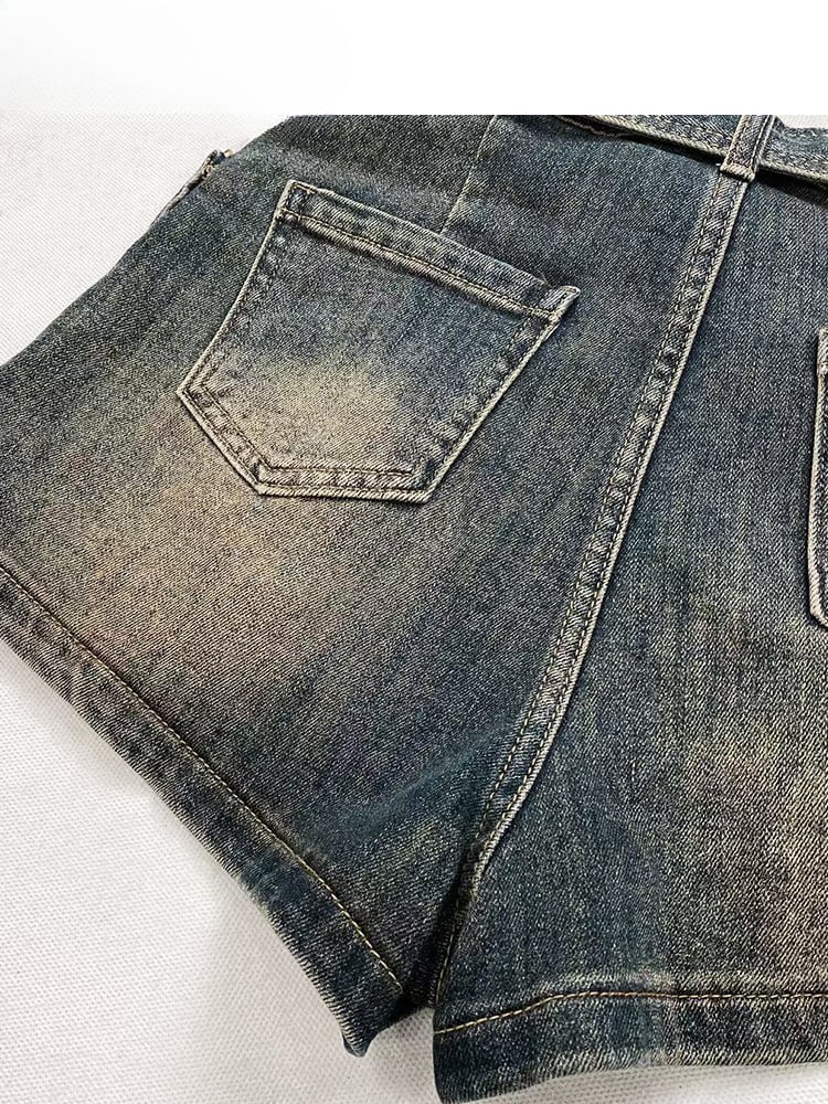 ヴィンテージ ダークブルー ダメージデニム グラマラス スカート カーゴポケット付き