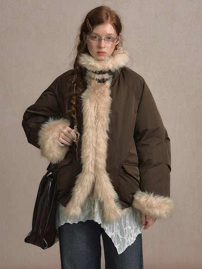 Light Gray/Brown Puffer Jacket with Buckle Strap and Plush Trim