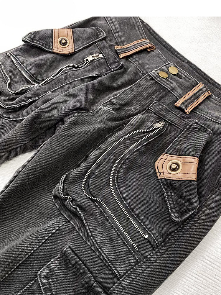 Distressed Cargo Flared with Punk Black Wasteland Millard Vintage Design Pockets Fashion Jeans