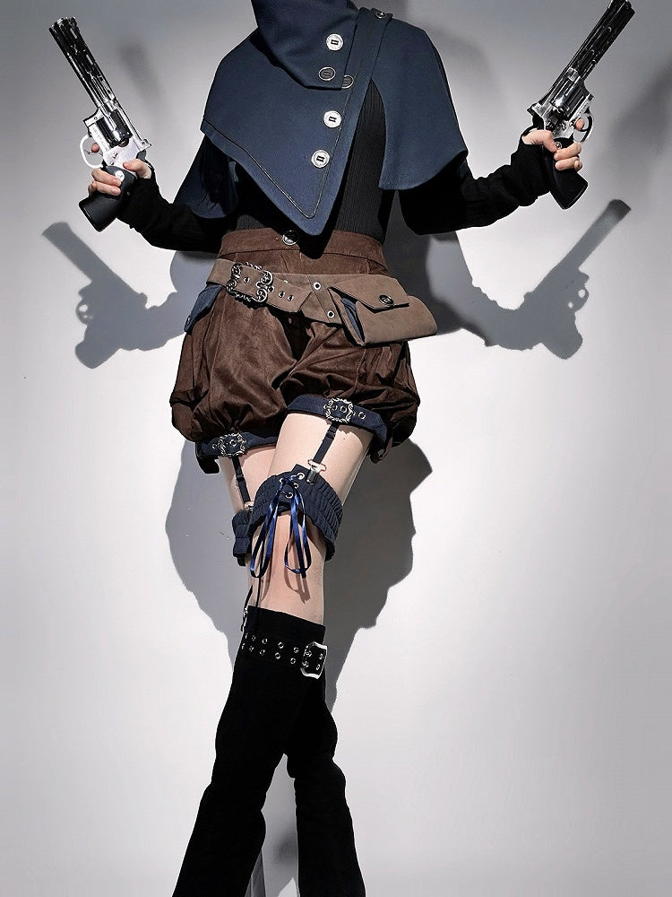 Ouji Lolita Knit Top Asymmetrical Cape Shorts Leg Rings Belt Scarf Outfit - Unknown Star