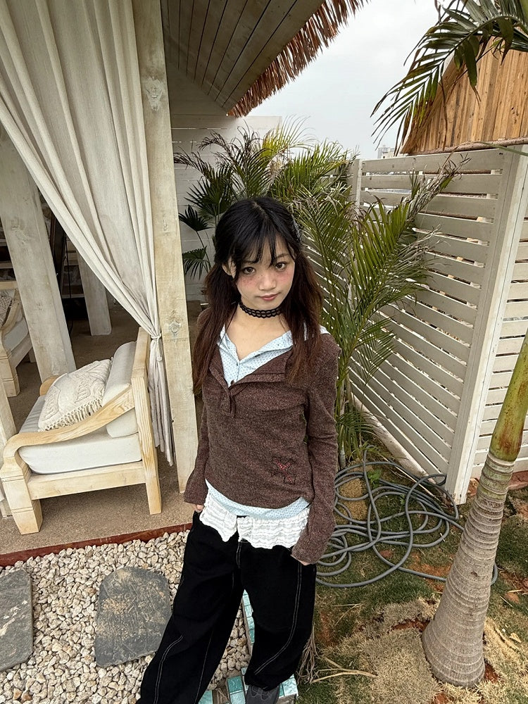 Two-piece Dot Patchwork Sleeve Polka Long T-Shirt Vintage